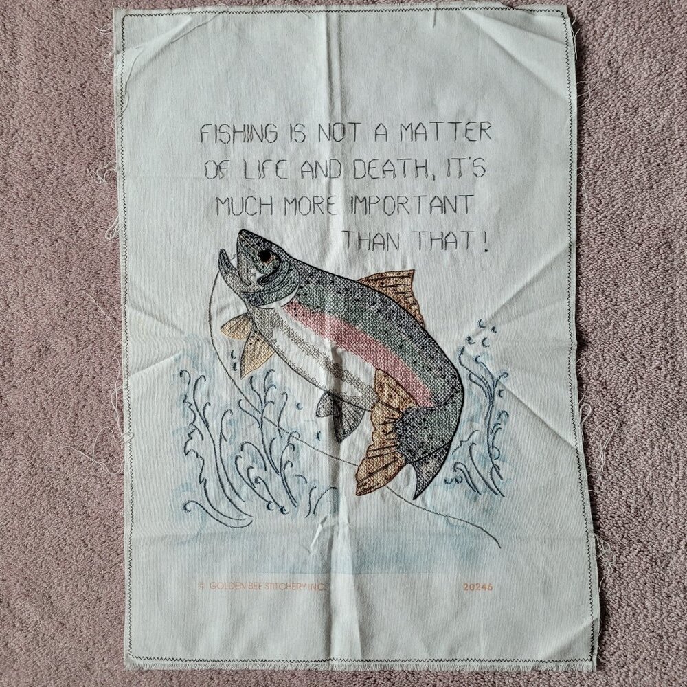 Vintage Finished Rainbow Trout Fishing Picture Cross Stitch Unframed 12" x 16"